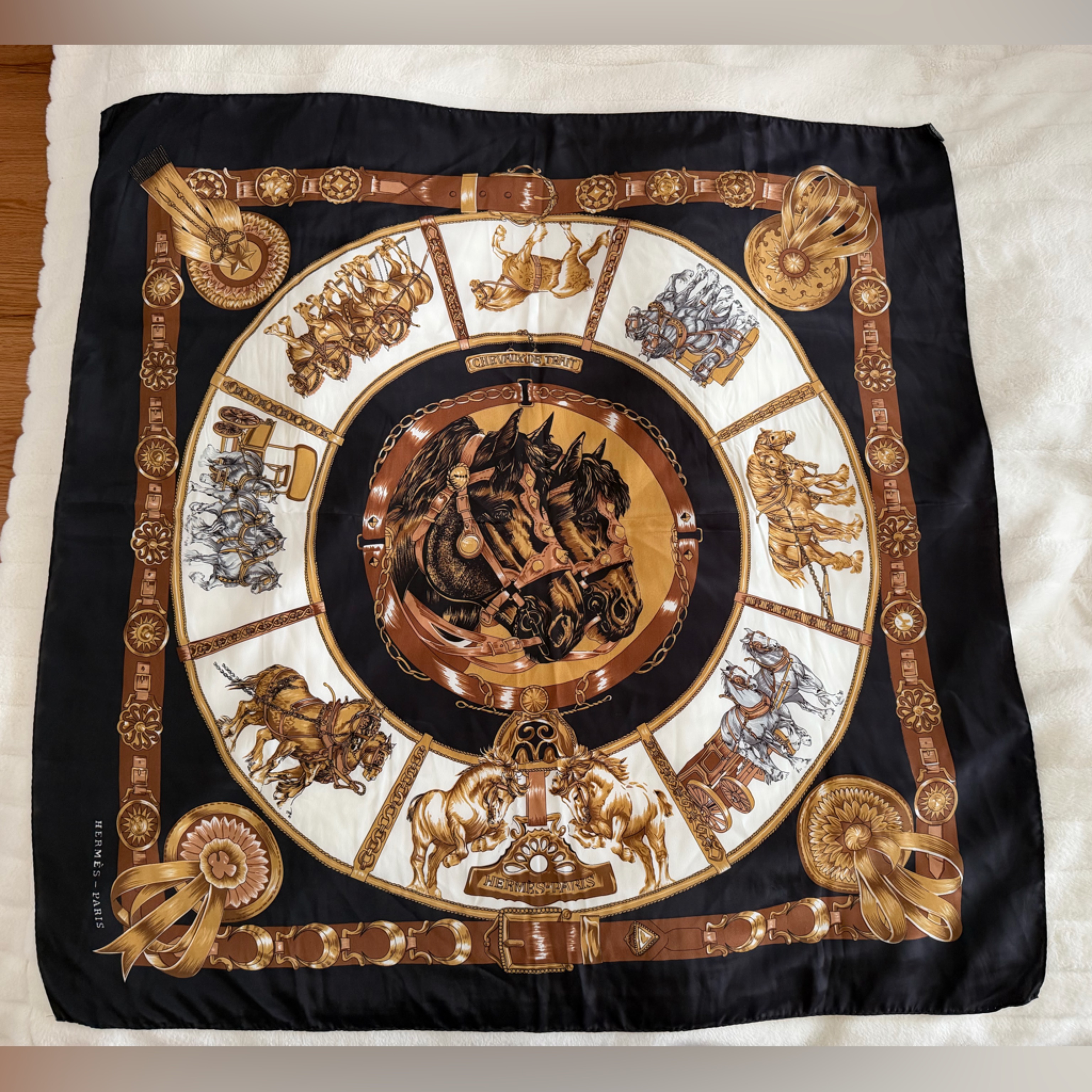 Hermes Scarf 90 "Chevaix De Trait" Silk Scarf 35" Vintage Gold Black White